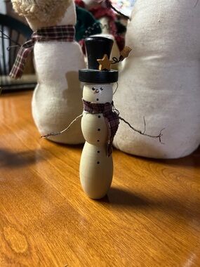 Handcrafted Cream Wood Snowman Figurine with Black Top Hat